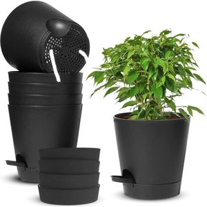 Irrigatiesysteem bloempotten - set van 6 zwart 14 cm zelfbewatering met onderzetter - ronde plantenpot voor tuin balkon - binnen planten decoratie - lente modern