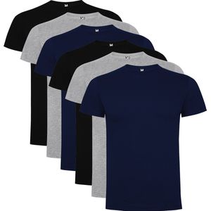 6 Pack Roly Dogo Premium Heren T-Shirt 100% katoen Ronde hals Zwart, Lichtgrijs gemeleerd, Donker Blauw Maat XL