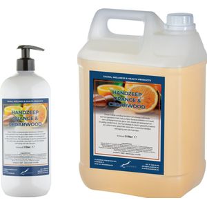Handzeep Sweet Orange & Cedarwood 1 liter met gratis pomp - hervulbaar + Jerrycan 5 liter navulling