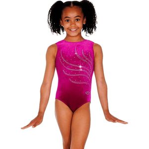 Cerise effen velours Tiara turnpakje mouwloos maat 152-158 meisjes gympakje roze paars velourse fluweel fluwelen stretch steentjes