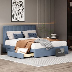 Sweiko Gestoffeerd bed 140 x 200 cm, tweepersoonsbed met lades, lattenbod en rugleuning, linnen bed met volledige rugleuning aan beide zijden van het hoofdeinde voor volwassenen en tieners, linnen bed, blauw