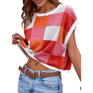 Dames crop top met kapmouwen, zomerse kleurenblokken, ronde hals, gebreide trendy casual trui
