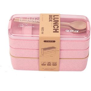 3-delig Bento Lunchbox Lunchtrommel met Bestek | Luchtdicht Lekvrij L18.5*B11.4*H8.2 CM 900ML | Magnetron- en Vaatwasserbestendig - ROZE MS-37