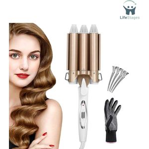LifeStages - Wafeltang - 3 Vaten Krulspelden - 22mm Snel Verwarmde Keramische Toermalijn - Haar Golvende Krultang - Krullend Haar Kapper Gereedschap Met Handschoenen En Haar Clips