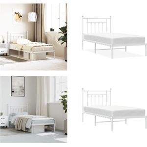 vidaXL Bedframe met hoofdbord metaal wit 90x200 cm - Bedframe - Bedframes - Eenpersoonsbed - Bed