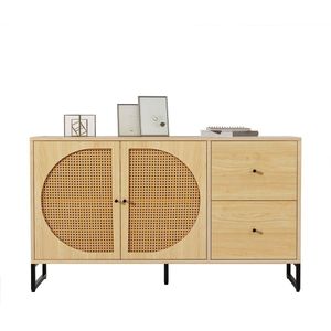 Merax Sideboard Houten Commode Kast - Dressoir met Rattan Deuren - Lichtbruin