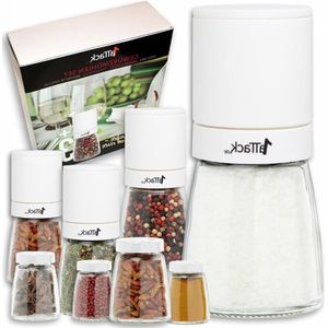 Peper en Zoutmolen Set van 4 met Verstelbare Keramische Molen Chili - 8 Stuks 4 Molens en 4 Glazen - Zonder Kruiden - 140ml Wit - Handmatige Peper- en Zoutmolen