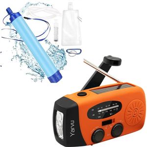 Noodpakket 6 IN 1 Noodradio + Waterfilter Set - Opwindbaar + Zonneenergie + Nood Radio Op ingebouwde Batterijen ( Accu ) - Solar - Voor Rampen - Draagbare - FM AM - Blauw