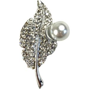 Sierspeld Broche Blad Strass Parel 5.5 cm / 3 cm / Zilverkleurig