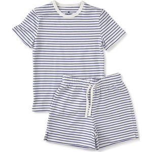 Little Label Pyjama Jongens Maat 146-152 - wit, blauw - Zachte BIO Katoen - Shortama - 2-delige zomer pyama jongens - Gestreept