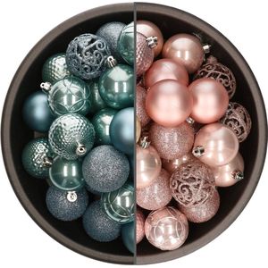 Bellatio Decorations Kerstballen mix - 74-delig - ijsblauw en lichtroze - 6 cm - kunststof