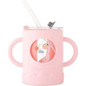 Baby/Peuter - Siliconen - Glazen - Kinder Beker - roze met Rietje Giraf Meisjes