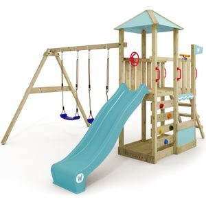 WICKEY speeltoestel klimtoestel Smart Savana met schommel & pastelblauwe glijbaan, outdoor kinderspeeltoestel met zandbak, ladder & speelaccessoires voor in de tuin