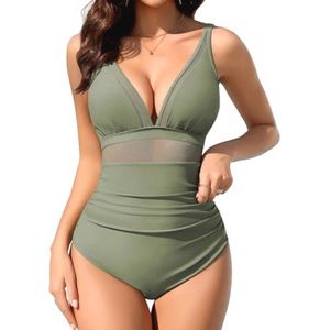 Dames Badpak van Mesh met Buikcontrole en Ruches - Een Stuk Zwemkostuum S-XXL
