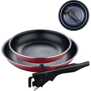 Click&Cook Rode Editie | Pannenset 3-delig 22 en 26 cm + afneembare ergonomische handgreep | Geperst en antikleef aluminium | Voor alle soorten fornuizen en ovens