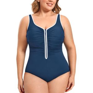 Allecto Plus - Badpak voor dames met buikweg effect en grote maat, eendelig met ritssluiting aan de voorkant - Zwart/Wit - Zomer zwemkleding - Sneldrogend