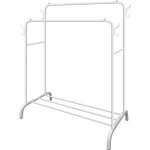 Metalen kledingroede, kledingrek, stabiel, dubbele stang, duurzaam met 1 etageplank en 4 zijhaken, vrijstaand kledingrek, multifunctionele organizer, slaapkamer, kleerhanger