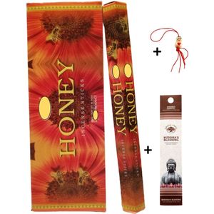 Doos met 120 stokjes - Wierook - Wierookstokjes - Incense sticks - Honing - Honey + 5 mini wierookstokjes + Gelukspoppetje