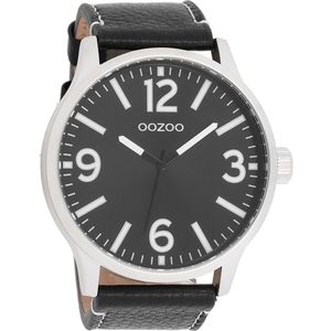 OOZOO Timepieces - Zilverkleurige horloge met zwarte leren band - C7404