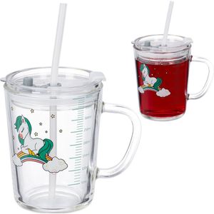 Relaxdays drinkglazen - set van 2 - eenhoorn design - kinderglazen - deksel - transparant