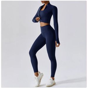 PureSquare - Sportset - 3delig - Maat S - Blauw - Fitness set - crop top jasje - sport bh - sport legging - set yoga - set sport – sportset