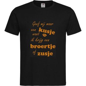 Shirt Aankondiging zwangerschap Geef mij een kusje want ik krijg een broertje of zusje | korte mouw | Zwart/tan | maat 86/92 zwangerschap aankondiging bekendmaking