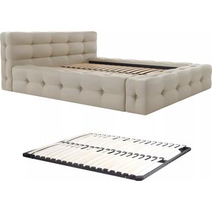 PASCAL MORABITO Bed met capitonnage 140 x 190 cm - Gechineerde stof - Beige + bedbodem - LERUCO van Pascal Morabito L 183 cm x H 86 cm x D 239 cm