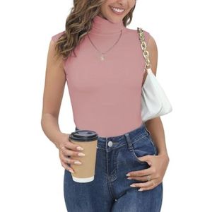 Rolli Top voor dames, elegant rolkraagshirt zonder mouwen, dun, licht, rekbaar, basic jersey vest, slim fit