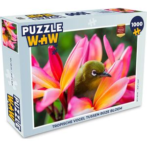 Puzzel Tropische vogel tussen roze bloem - Legpuzzel - Puzzel 1000 stukjes volwassenen