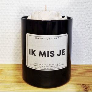 Ik mis je - Soja was geurkaars - Witte roos - Kaarsglas glanzend zwart - Vanille geur - 250 gram - 50 branduren - Geurkaars - Kaars - Kaars met tekst - Soja was – Soy wax – Handgemaakt – Cadeau – Vanilla - Geschenk – Duurzaam