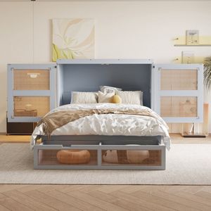 PugsdrlyOpklapbed 140 x 200 cm, wandbed met lattenbodem, opklapbaar wandbed, verticaal opklapbed met lattenbodem, met opberglades, rotan design, houten bedden, bedden voor tieners, eenpersoonsbedden, grijs