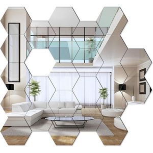 Zeshoekige spiegelstickers acryl muurstickers voor thuis woonkamer bank tv wanddecoratie 24 stuks zilverkleurig