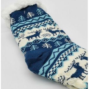 Merino Wollen Sokken - Blauw met Dennenbomen - Maat 35/38 - Huissokken - Anti slip sokken - Warme sokken - Winter sokken