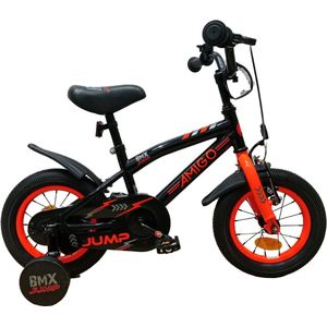 AMIGO BMX Jump Jongensfiets 12 Inch - Kinderfiets voor 2 tot 4 Jaar - 90-105 cm - Met Zijwieltjes - Zwart/Oranje