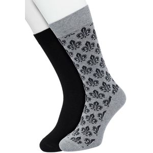 Bonnie Doon Heren Sokken set Zwart/Grijs maat 40/46- 2 paar - Effen - Lelie Bloem - Print - Gladde Naden - Brede Boord - Uitstekend Draagcomfort - 2-pack - Multipack - Effen - Fleur de Lis - Black - Grey Melange - OL2225022.498