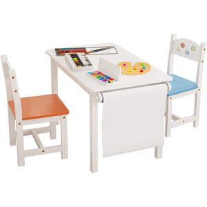 Happyment Kindertafel en 2 Stoeltjes - Kindermeubel - Speeltafel - Kinderbureau - Wit, blauw, oranje