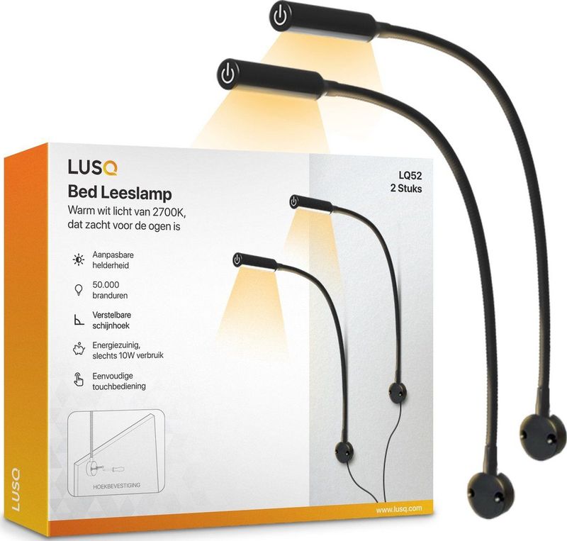 LUSQ - LQ52 - Leeslamp - Mat Zwart - 2 Stuks - Universele Bevestiging