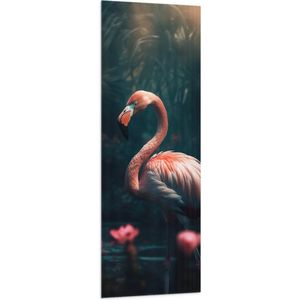 Vlag - Exotische Roze Flamingo in het Water bij Roze Lelies - 50x150 cm Foto op Polyester Vlag