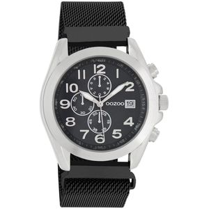 OOZOO Timepieces - Zilverkleurige horloge met zwarte metalen mesh armband - C10732