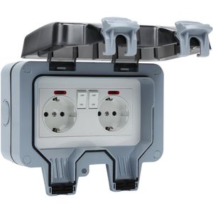 Buitenstopcontact - IP66 -Tuinstopcontact - Wandcontactdoos Opbouwcontactdoos met klapdeksel Buitenstopcontacten waterdicht -Weerbestendig 2 compartimenten