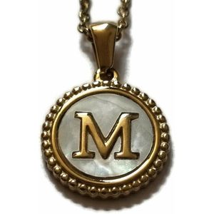 Aramat jewels -ketting-letter m- chirurgisch staal -wit- schelp - goudkleurig-45cm - dames- rond