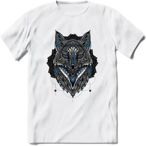 Vos - Dieren Mandala T-Shirt | Blauw | Grappig Verjaardag Zentangle Dierenkop Cadeau Shirt | Dames - Heren - Unisex | Wildlife Tshirt Kleding Kado | - Wit - XL