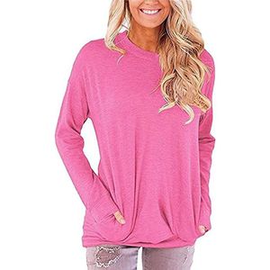 ASTRADAVI Casual Wear - Dames O-Hals Sweater - Trendy Trui met 2 Zakken - Heather Roze Fuchsia / Small