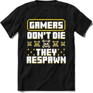 Gamers don't die pixel T-shirt | Geel | Gaming kleding | Grappig game verjaardag cadeau shirt Heren – Dames – Unisex | - Zwart - XL