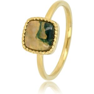 My Bendel - Gouden ring met vierkanten Moss Agate edelsteen - Opvallende ring met donkergroene Moss Agate edelsteen - Met luxe cadeauverpakking