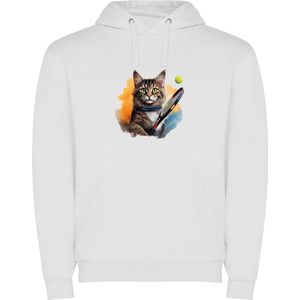 Witte unisex hoodie met “ Kleurrijke Grijze poes met tennis racket – Sportief “ Print Full Color merk Roly maat XXL