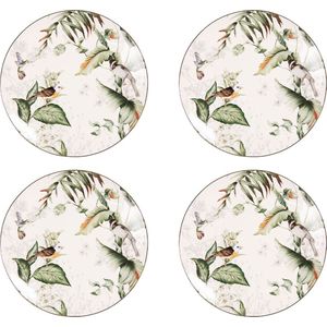 HAES DECO - Ontbijtborden set van 4 - Formaat Ø 20x2 cm - kleuren Wit - Bedrukt Porselein - Collectie: Tropical Bird - Servies, kleine borden