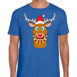 Foute Kerst t-shirt rendier Rudolf rode kerstmuts blauw heren S