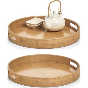 2x Dienbladen rond bamboe hout 38 x 5 cm - Zeller - Woondecoratie - Keukenbenodigdheden - Dranken serveren - Serveerbladen/Dienbladen van hout