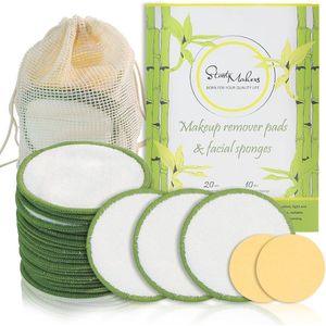 Herbruikbare make-up remover pads met gezichtssponzen - Duurzame bamboe katoenen wattenschijfjes - 20 stuks